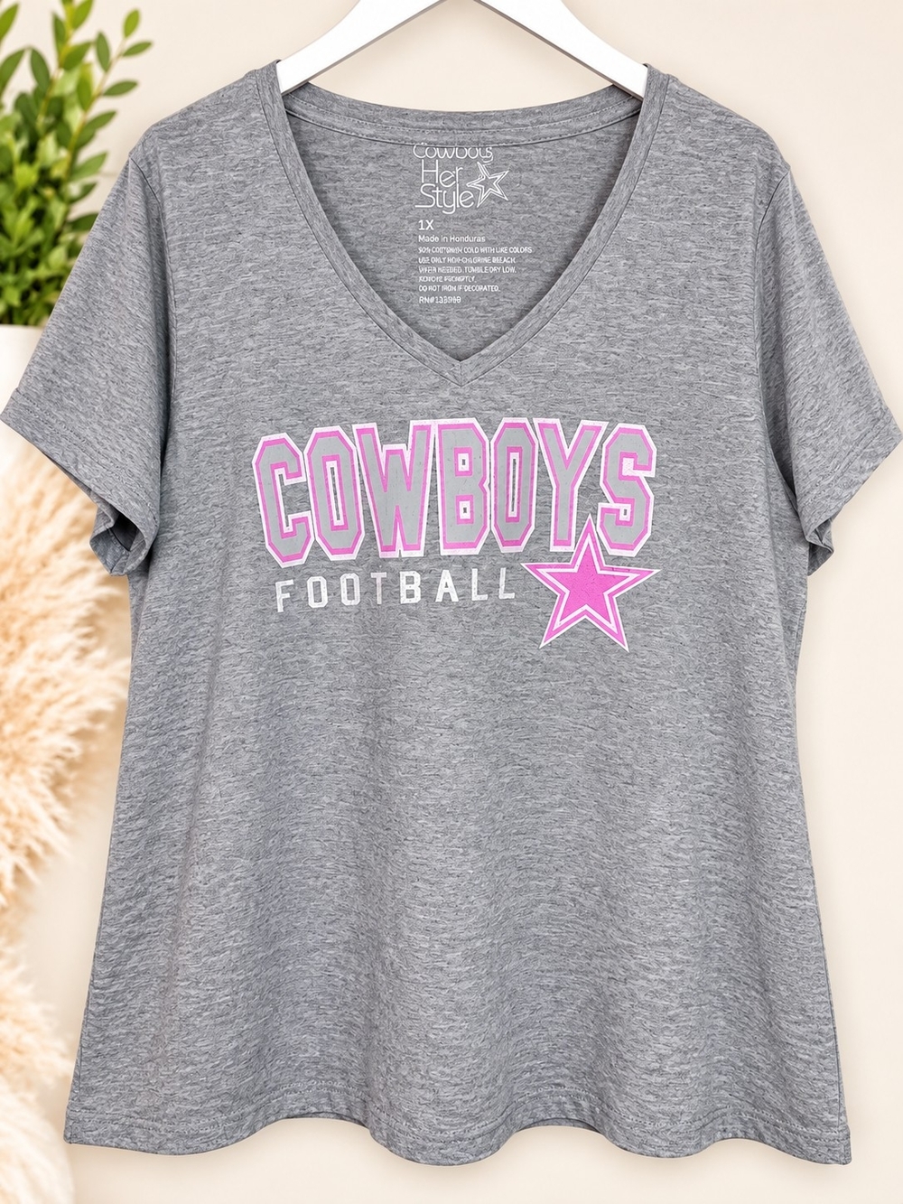 Dallas Cowboys Her Style Pink Football V-Neck Tee 1X